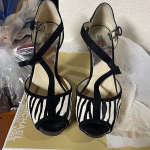 Michael Kors Black and White Zebra Print Peep-Toe Heels